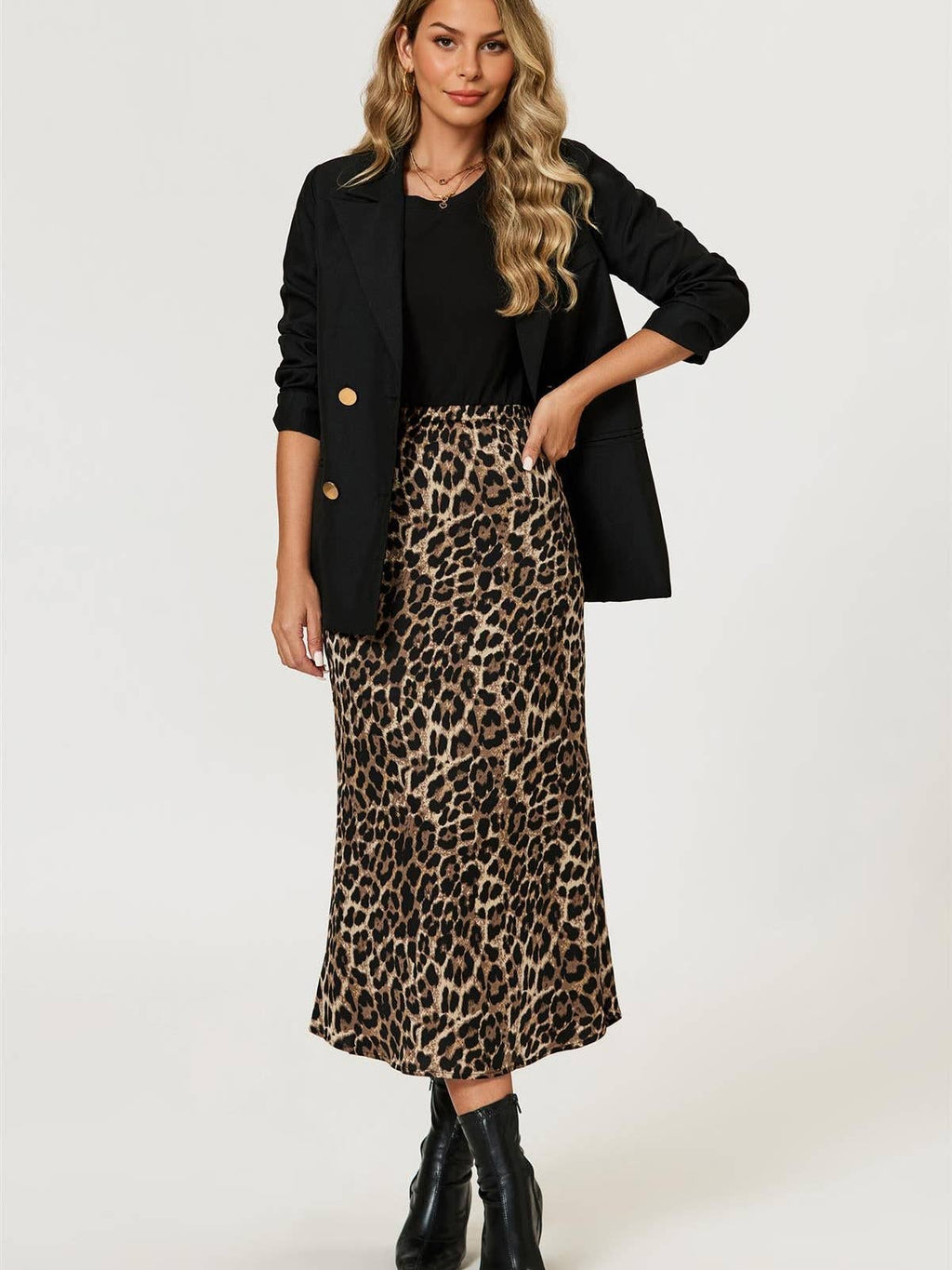 Leopard Print Satin Midi Skirt in Brown