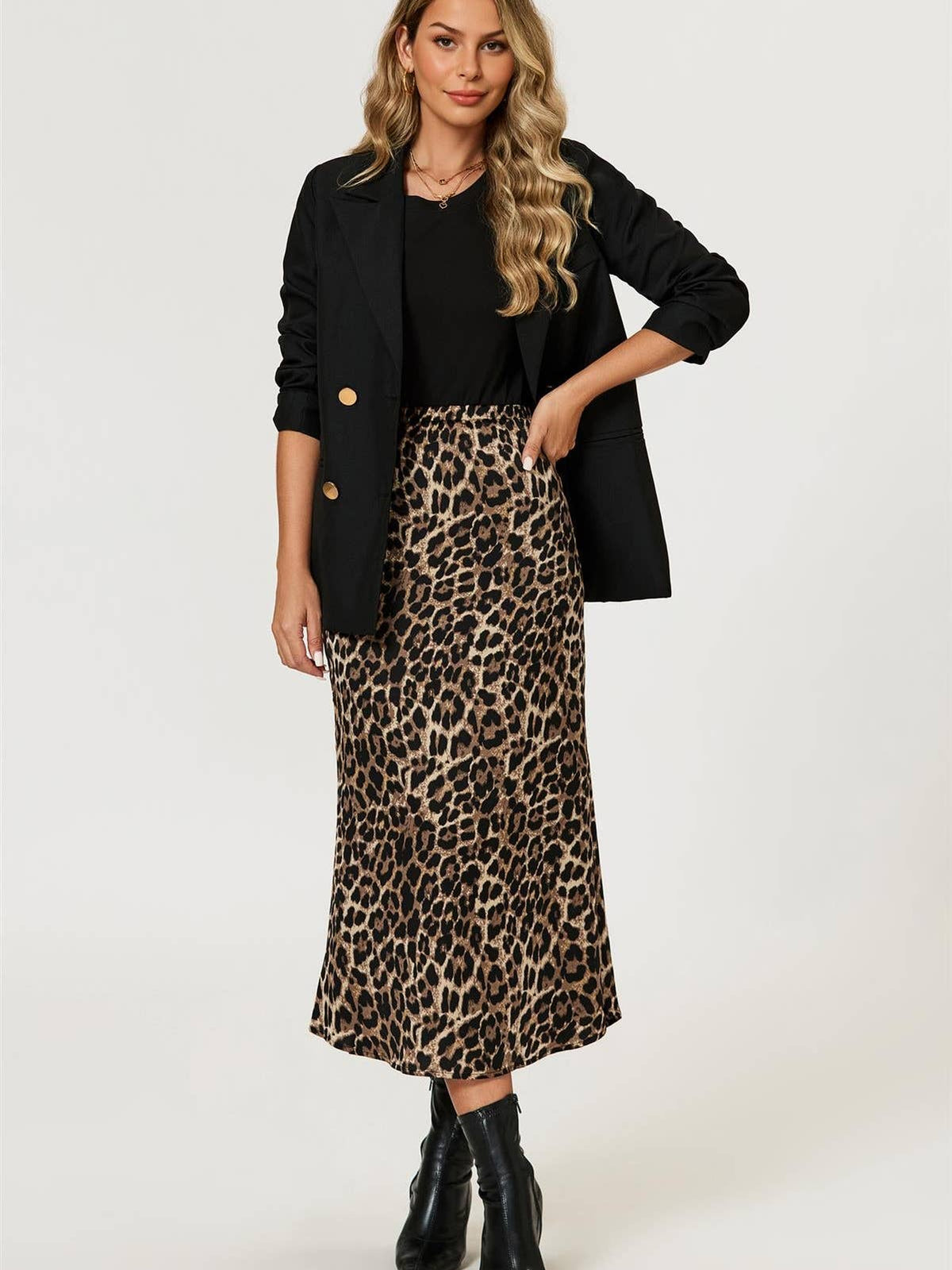 Leopard Print Satin Midi Skirt in Brown