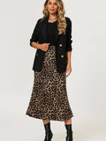 Leopard Print Satin Midi Skirt in Brown