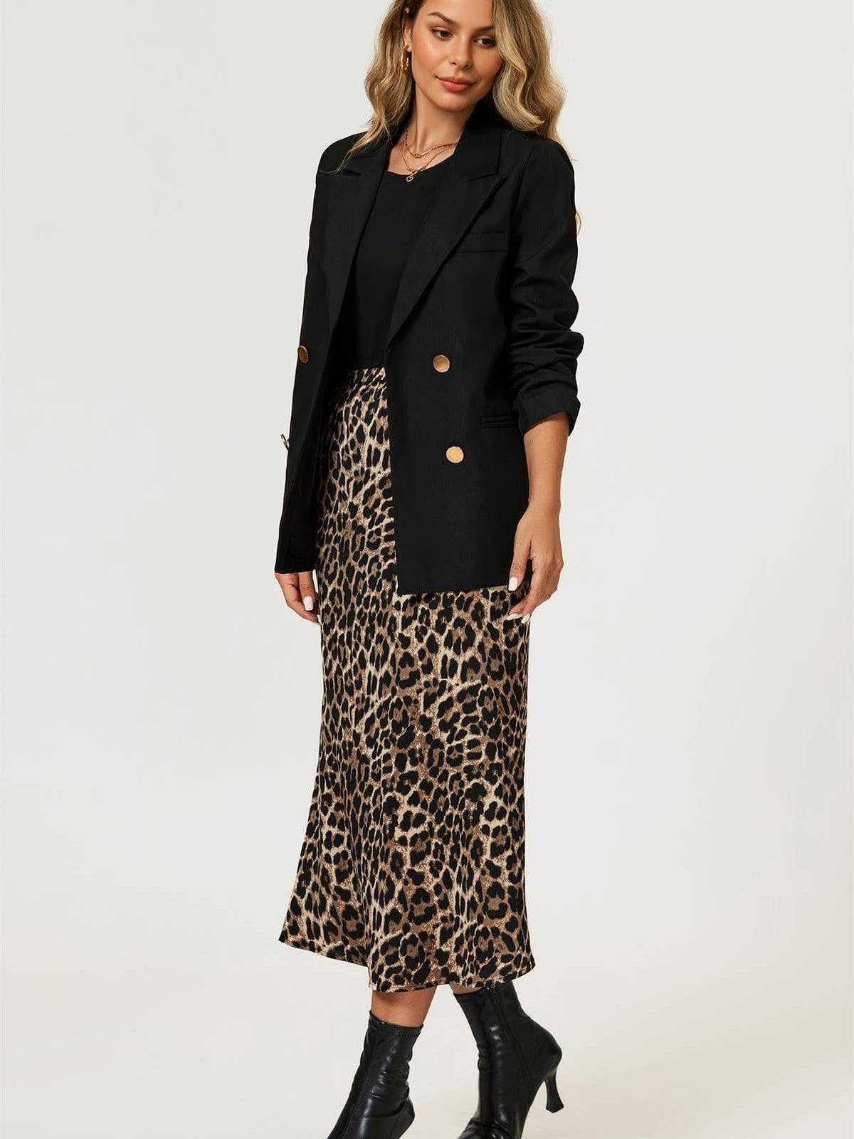 Leopard Print Satin Midi Skirt in Brown