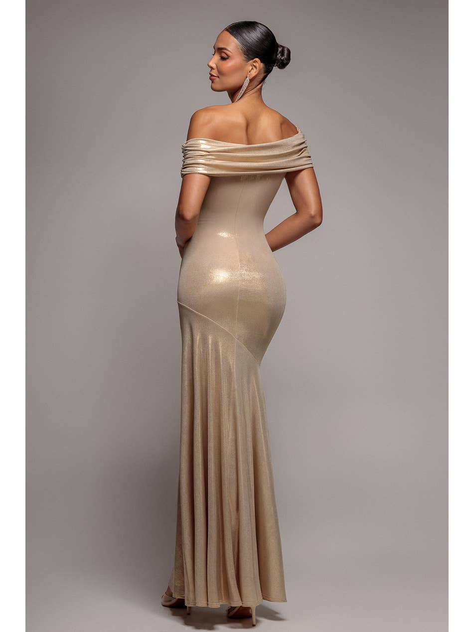 Foil Pleated One Shoulder Bardot Fit and Flare Maxi DR5157