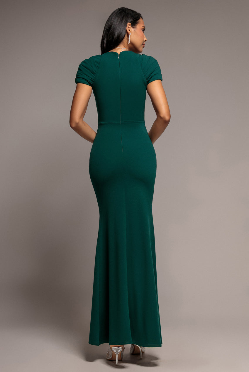 Pleated Asymmetric Bodice Mermaid Maxi Dress - Emerald Green by Goddiva - DR5277